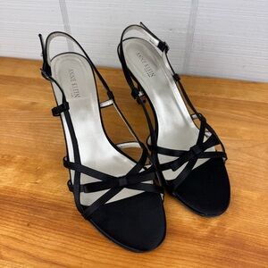Anne Klein Vintage Black Satin Strappy Stiletto Heels Slingback Bow Accent Y2K 9